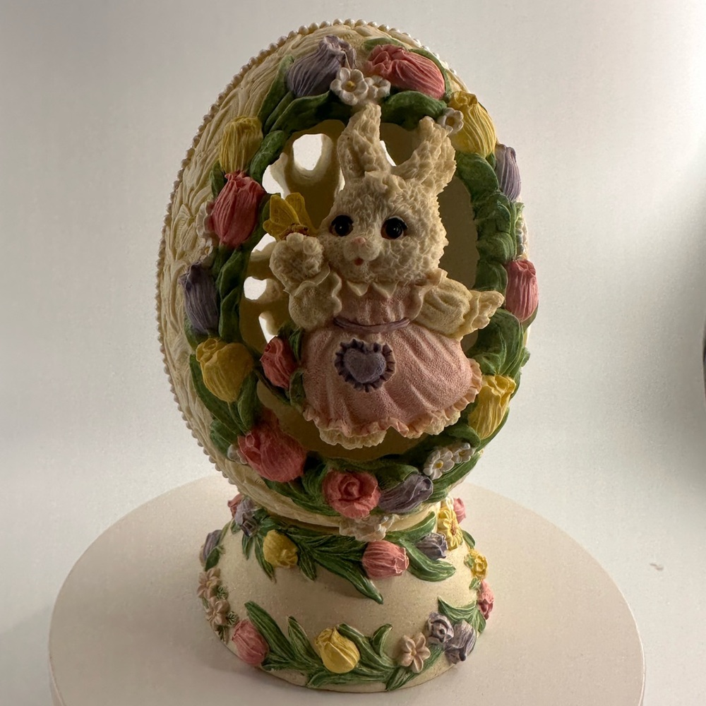 Vintage Floral Easter Egg with Bunny Figurine